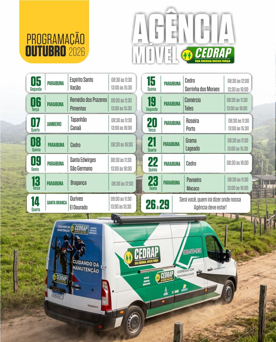 Calendário da Agência Móvel da Cedrap para outubro de 2026