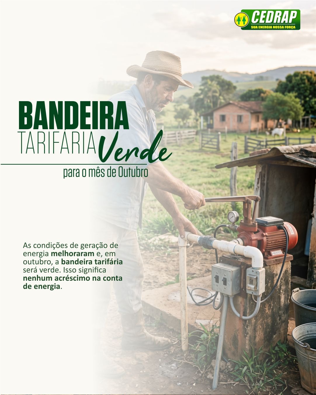 Arte da Cedrap: bandeira tarifária verde para o mês de outubro