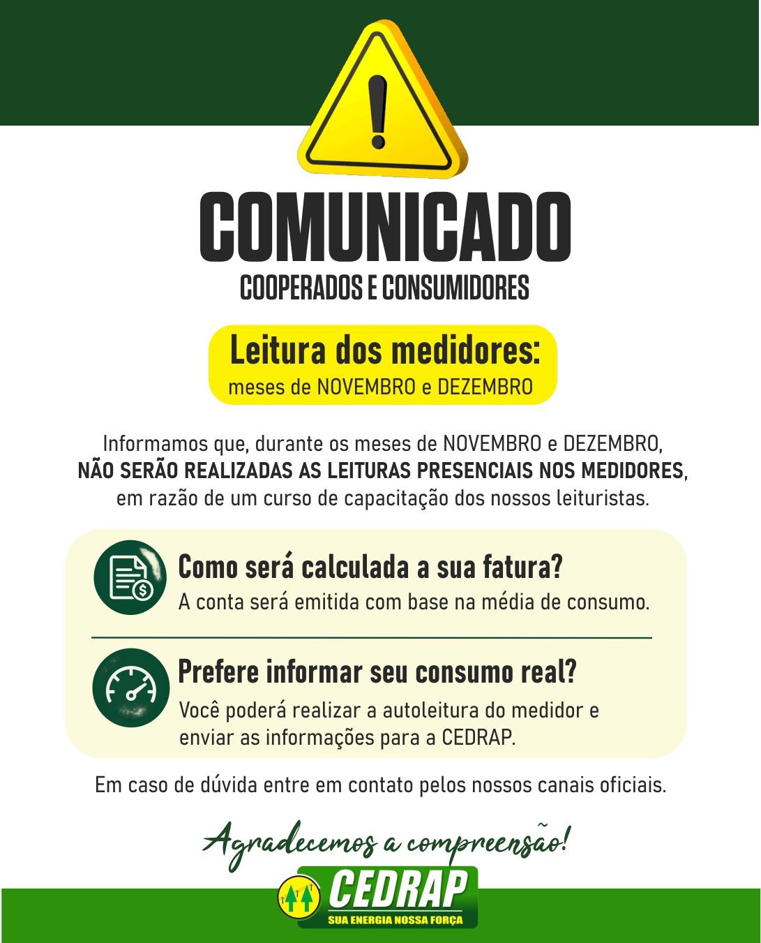 Comunicado da Cedrap: nos meses de novembro e dezembro não haverá leitura presencial dos medidores; a fatura será emitida pela média de consumo.
