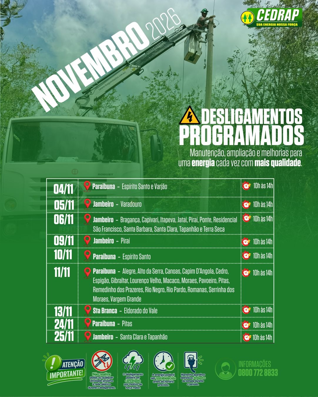 Programação de desligamentos programados de novembro de 2026 da Cedrap